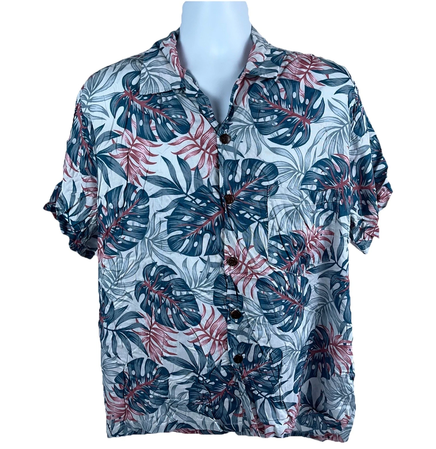 Makai Beach Mens Aloha Hawaii Coconut Button Down Beach Shirt Blue Large NEW