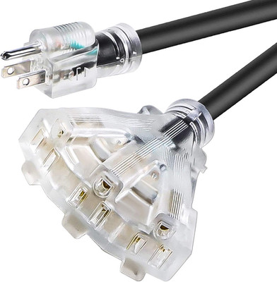 15FT 12/3 Extension Cord Heavy Duty Black 3-Outlet Indoor/Outdoor SJTW Lighted 1