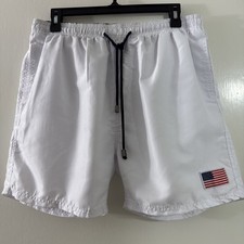 Exist Swim Men  s White Swim Trunks Medium USA Flag Patch Mesh Liner Drawstring