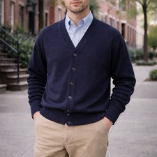 Vintage London Fog Mens Cardigan Sweater USA Made Navy Blue Acrylic Size Large