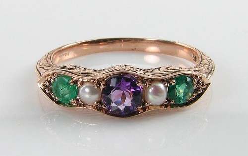SUFFRAGETTE 9K ROSE GOLD AMETHYST EMERALD PEARL ETERNITY BAND ART DECO INS RING - Picture 3 of 5