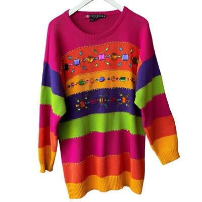 Vtg 90s 1991 IB Diffusion Colorful Sweater Art to Wear Beaded Jewelled M READ