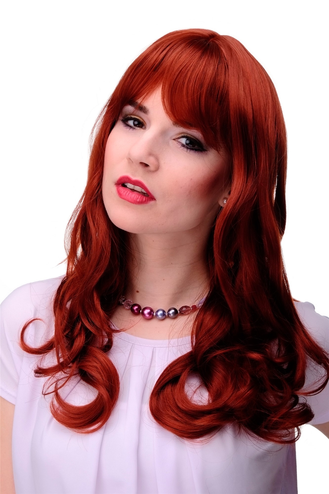 Elegant Ladies Wig Women Red Copper Wavy Bangs 55cm 3001-350