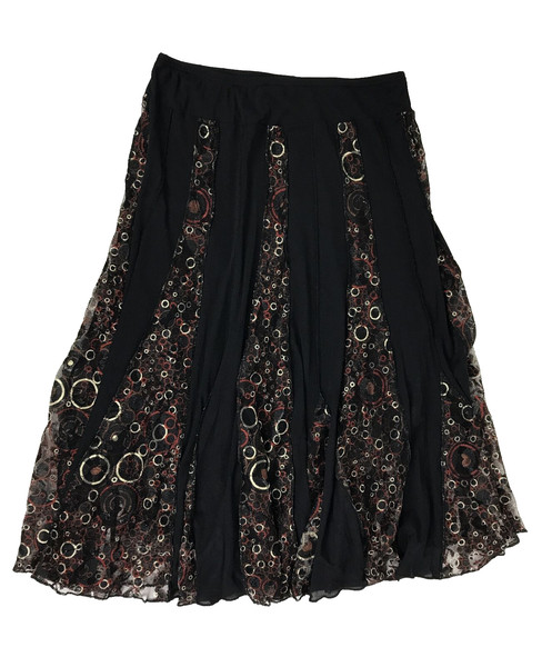 Skirt Black Size 10 12 Rust Red Gold Circle Print Panels Flared Midi Stretch
