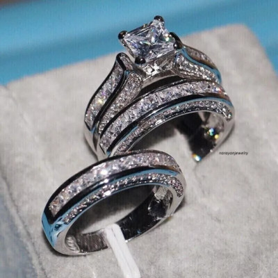 14k White Gold Plated 2.34CT Lab Created Diamond His /Her Wedding Trio Ring Set