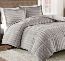 ULTRA PLUSH GREY FAUX FUR 3pc COMFORTER SET : LUXURY SOFT MINK GRAY BEAR HUG