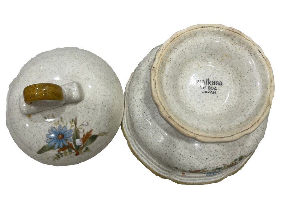 Plato de azúcar de gres vintage retirado Mikasa Blue Daisies Foto 4 de 4