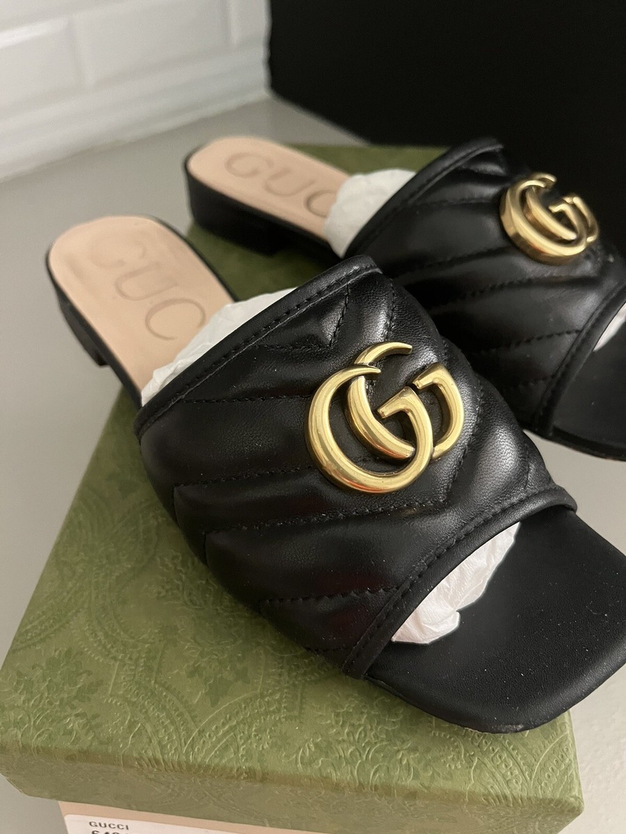 GUCCI DOUBLE G BLACK CHEVRON MATELASSE LEATHER SLIDE SANDALS SHOES  