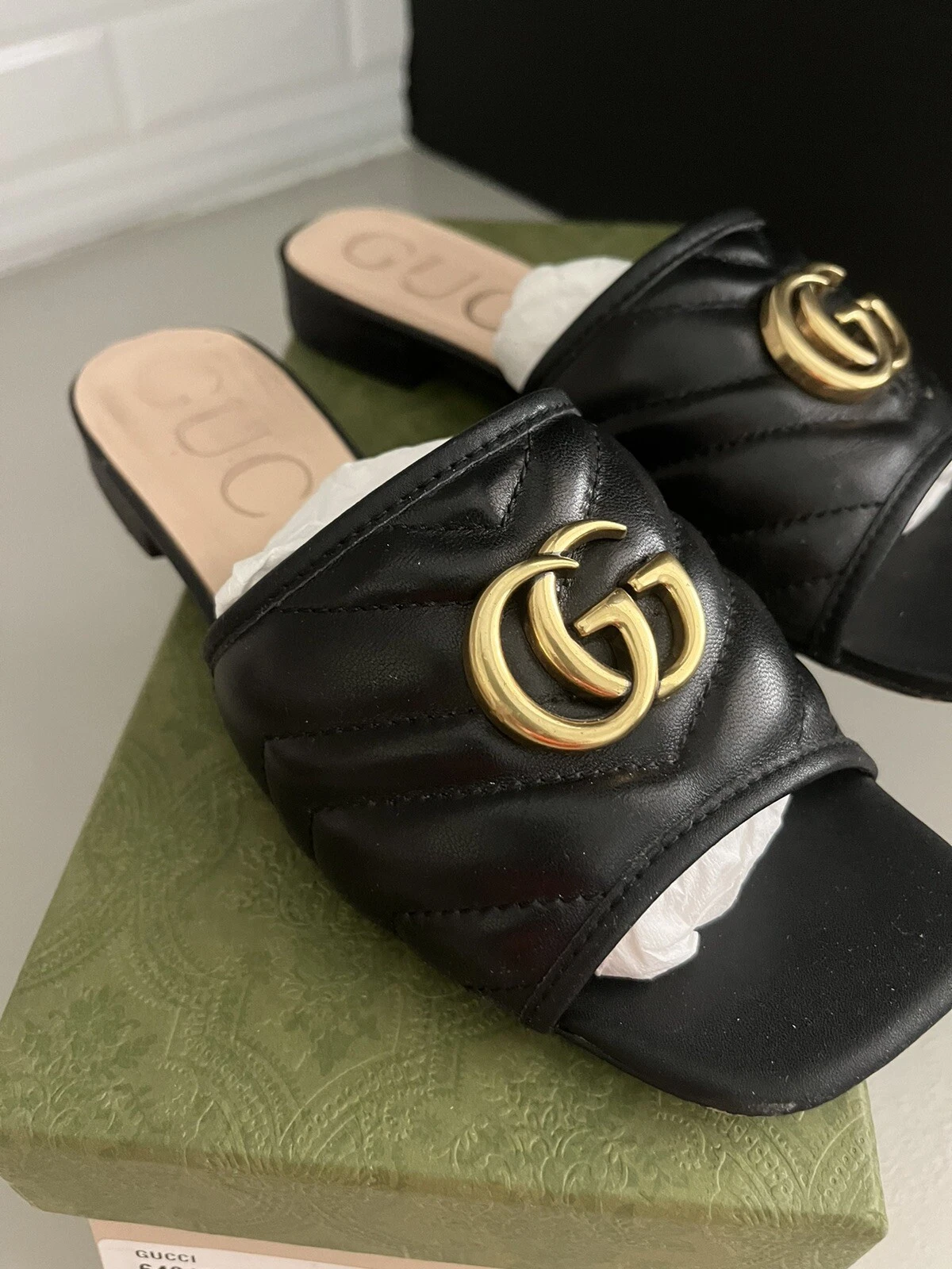 CHAUSSURES SANDALES GUCCI DOUBLE G NOIR CHEVRON MATELASSE CUIR SLIDE 36