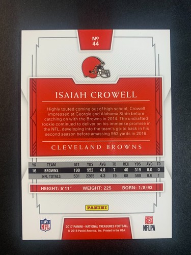 2017 Panini National Treasures Purple /75 Isaiah Crowell #44 - Browns - Picture 2 of 2
