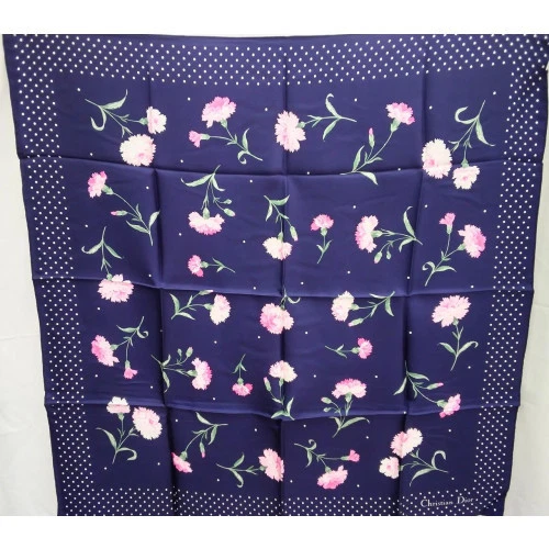 Foulard CHRISTIAN DIOR fleurs roses bleu marine blanc à pois