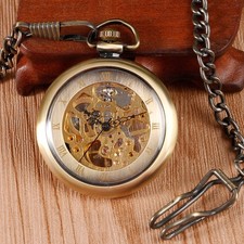 Hand-Wind Skeleton Pocket Watch with Glass Cover Mechanical Movement Roman Dial