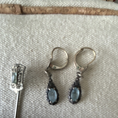 Silber Ohrringe und Krawatten Nadel mit echten Aquamarin Stein