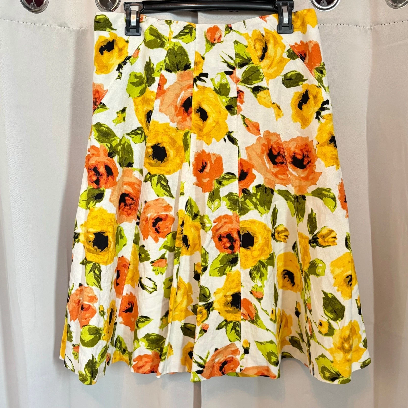 Retro A-Line Skirt 8 Floral Linen Blend Cottagecore Spring Fit Flare Boho 20434