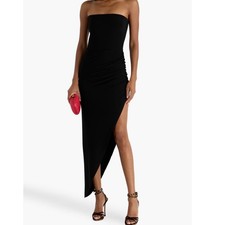 Norma Kamali Black Strapless Draped Ruched Asymmetrical Maxi Dress