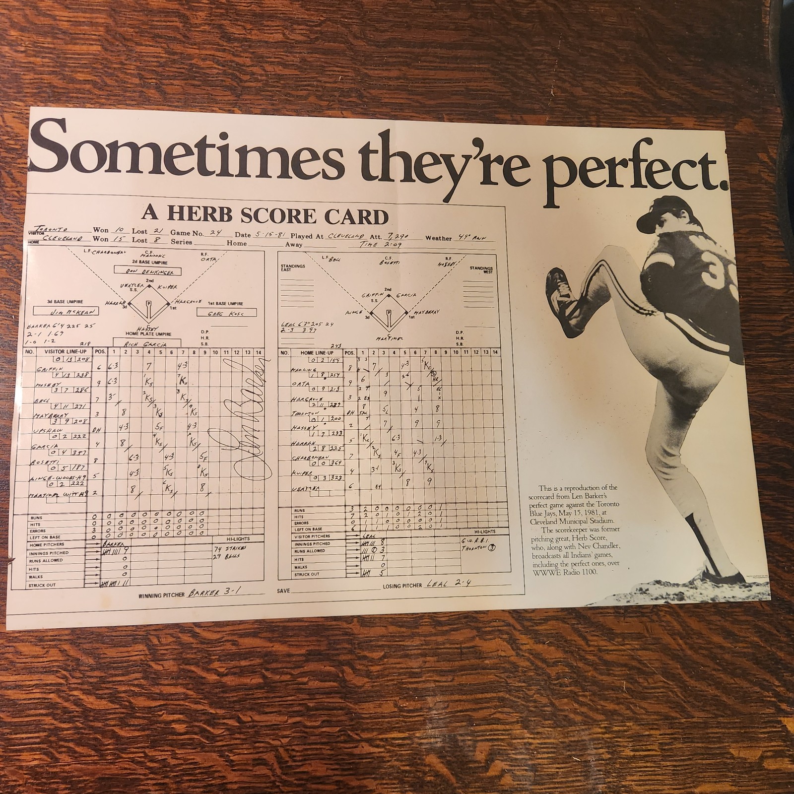 Replica Len Barker Perfect Game Herb Scorecard Cleveland Indians April 1981