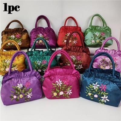 Damenhandtasche ethnisch bestickt Satin Retro Schmuckbeutel Reißverschluss Einkaufstasche
