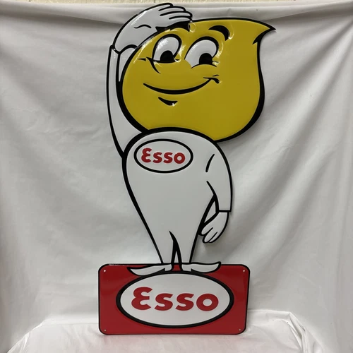 Vintage Esso Salute Oil Drop Boy Gasoline Die Cut Plate Metal Porcelain Sign 24”