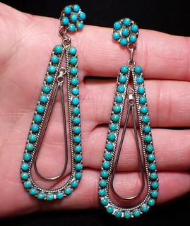 HUGE Zuni EL Lonasee Sterling Silver Earrings TURQUOISE BEADS 3.25” LONG!
