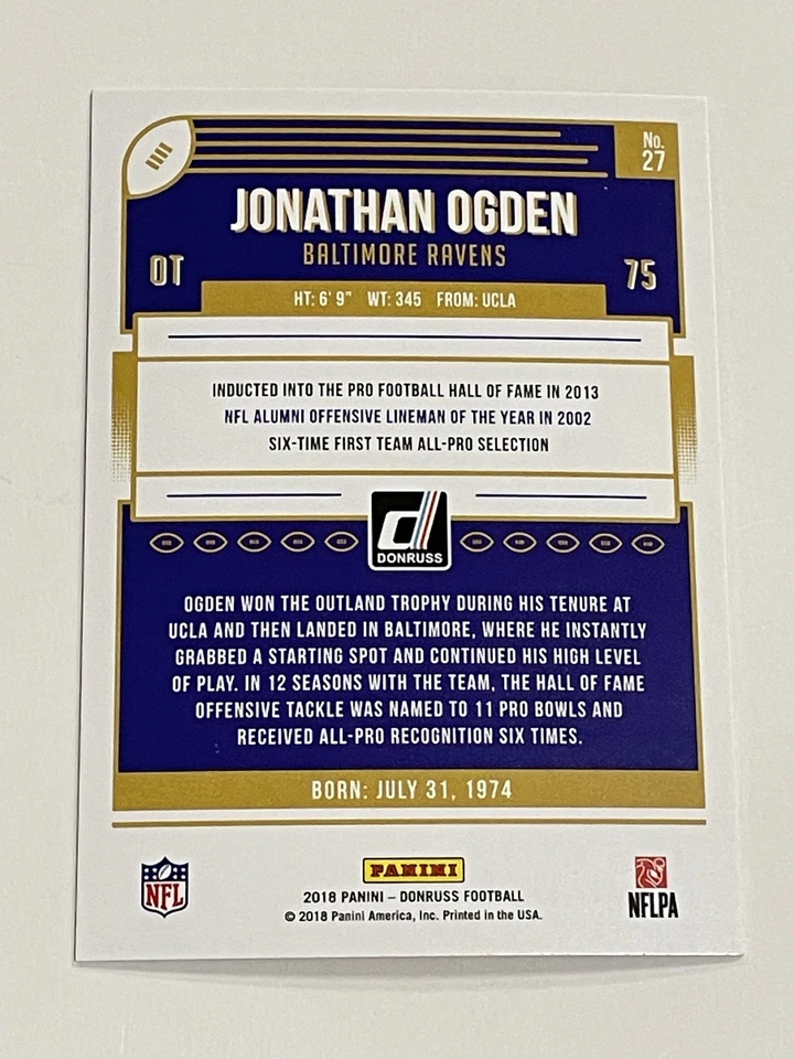 2018 Donruss Football Press Proof Red #27 - Jonathan Ogden - Baltimore Ravens - Image 2 of 2