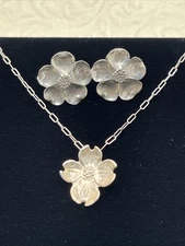 Sterling Silver 925 Dogwood Pendant Necklace Screw Back Earrings NYE Stuart 1960