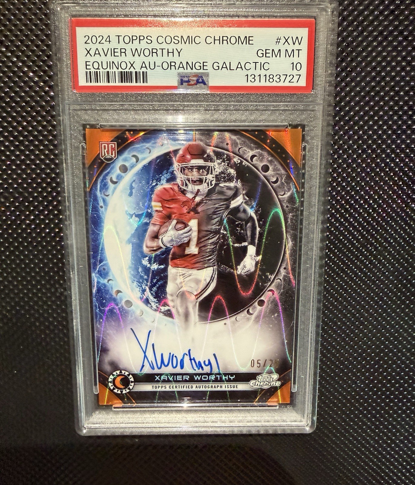 Xavier Worthy #EQA-XW Football Cards 2024 Topps Cosmic Chrome Equinox Autograph trading card — raw and PSA graded price guide