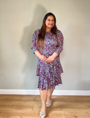 1980s Jenny Ditsy Floral Midi Dress - Navy Pink Coral Citrus Print - UK 12-14
