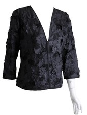 Chico's Sz 1 M Black Petal French Applique Gorgeous Mesh Fly-Away Blazer Jacket
