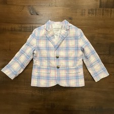 Janie and Jack Blazer Youth Boys 3 Pink Blue White Plaid Linen Blend Sport Coat