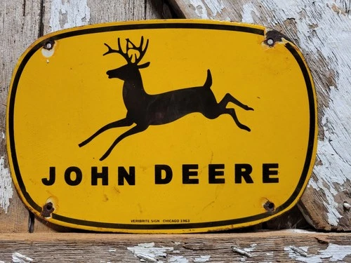 VINTAGE JOHN DEERE PORCELAIN SIGN OLD 1963 FARM TRACTOR EQUIPMENT BARN VERIBRITE