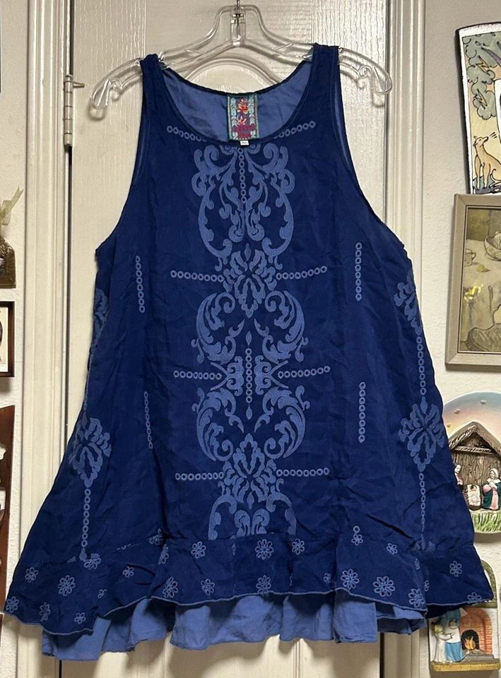 Johnny Was Royal 蓝色 Demoran 孔眼/刺绣束腰无袖分层下摆 XL — 第 2/4 张图片