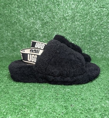 UGG Fluff Yeah Sling Back Strap Black Fluffy Slippers Womens Size 7