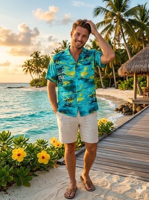 Tropical Green Hawaiian Shirt Men s LARGE Aloha Beach Island Resort Palms Ocean 