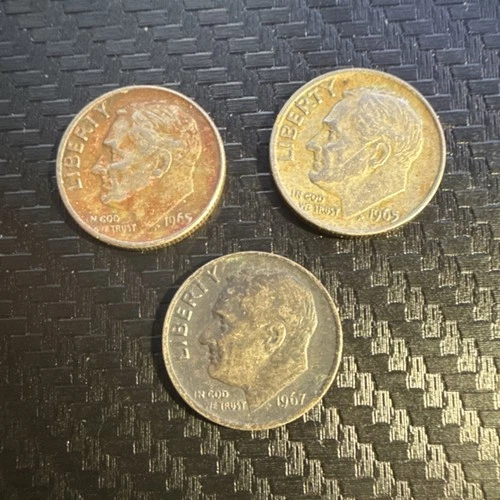 Lot of 3 Circulated Roosevelt Dimes 1965 (2), 1967 10C US Coins Uncertified