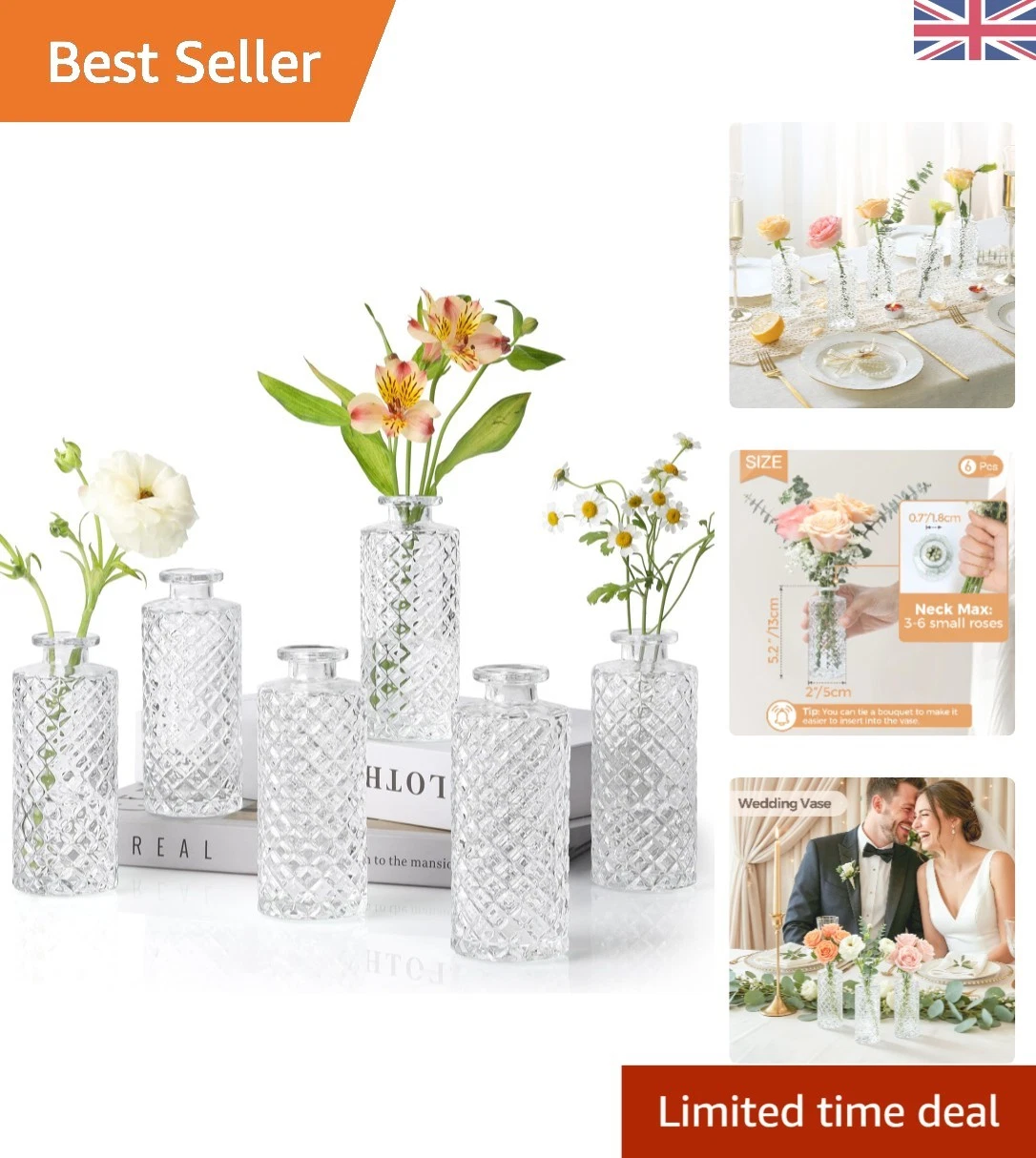 Stylish Vintage Glass Bud Vases Set of 6 - Perfect for Table Settings