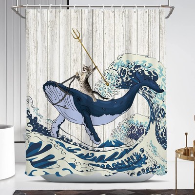 Funny Cat Shower Curtain Fun Japanese Cute Animal Riding Whale Ocean Sea Wave...