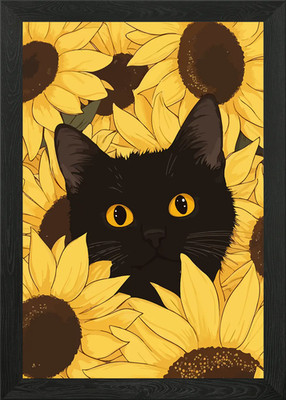 Schwarze Katze in Sonnenblumen Illustratio Gerahmtes Wandbild Poster Leinwanddruck Bild