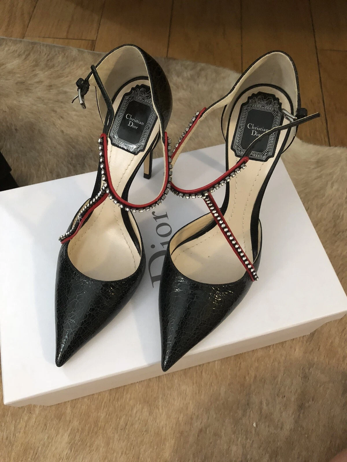 7,5 chaussures strass talon courbé cheville Christian Dior bout pointu noir.