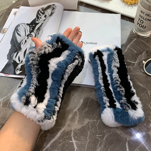 Womens Winter Real Rabbit Fur Gloves Knitted Stretch Fingerless Mitten Gloves - Picture 91 of 102