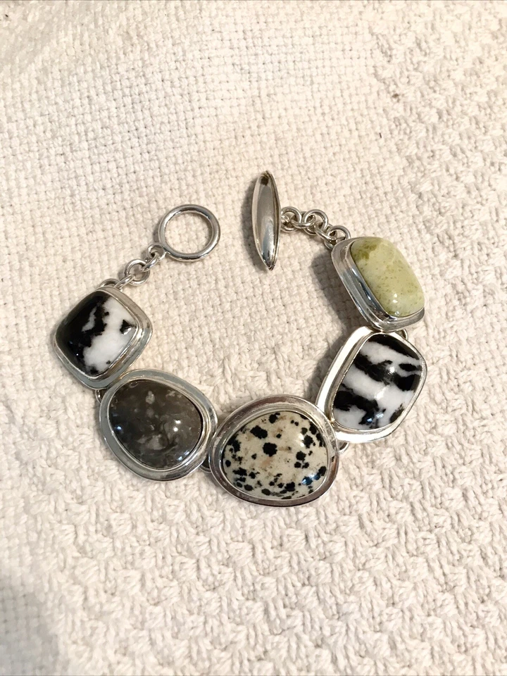 HEAVY ARTISAN 925 Sterling Silver Gemstone Bracelet 69.5 Grams 7 1/2” - Image 2 of 4