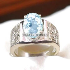 Aquamarine Oval Cut Gemstone With 925 Sterling Silver Ring For Men's #A179