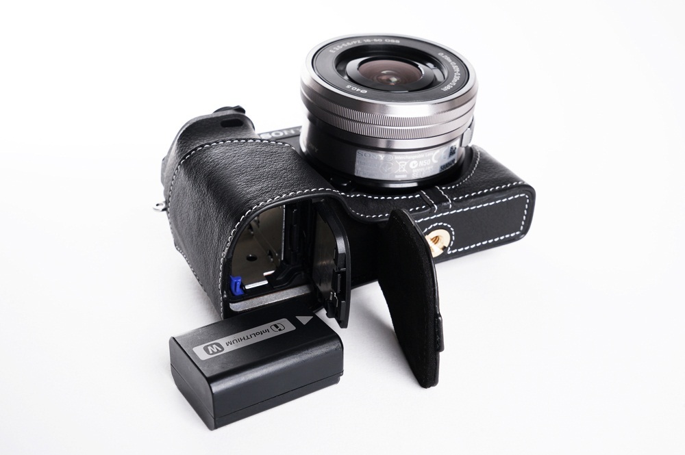 Genuine Real Leather Half Camera Case Bag Cover for Sony A6300 Black Bottom Open
