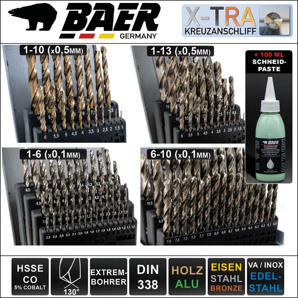 BAER GERMANY Extrembohrer Set + Schneidpaste BAER Metallbohrer Cobaltbohrer Auswahl 1-13 mm