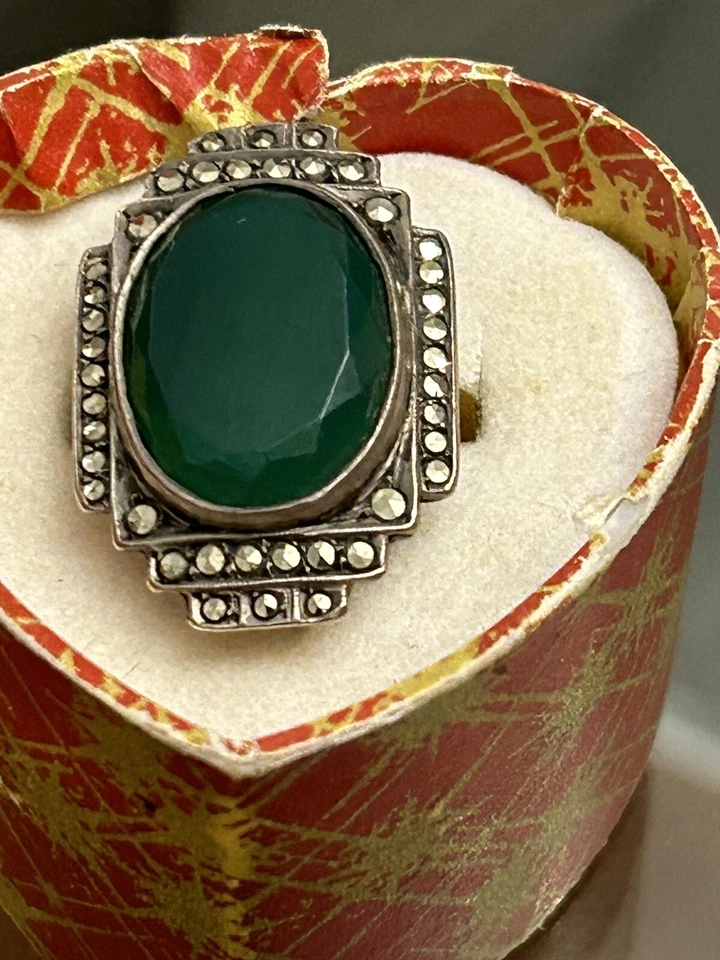 Anillo de plata alemán antiguo de María con piedras preciosas crisoprasa aussy ¡fantástico color verde! Foto 4 de 4