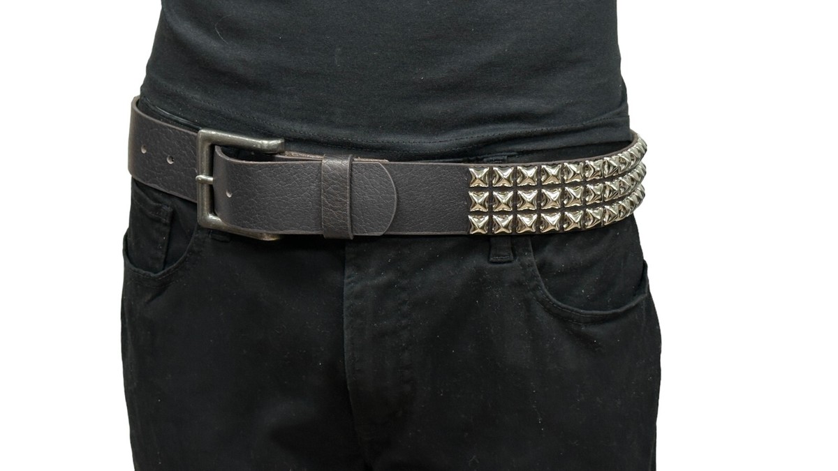 BLACK Three Row SILVER Pyramid Stud Belt Leather Handmade Studded