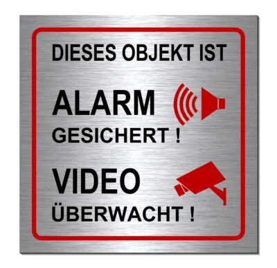 DESI-SCHILDER Objekt-Alarm-Video-überwacht-Alu-Edelstahl-Optik-20x20cm-Warnschild-Video-Schild