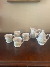 J & G Meakin England Ironstone coffee mug, cream ans sugar bowl set, Green Flowe