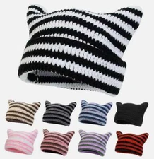Crochet Hats for Women Stripe Cat Ear Cap Winter Warm Beanie Hat Unisex Headwear
