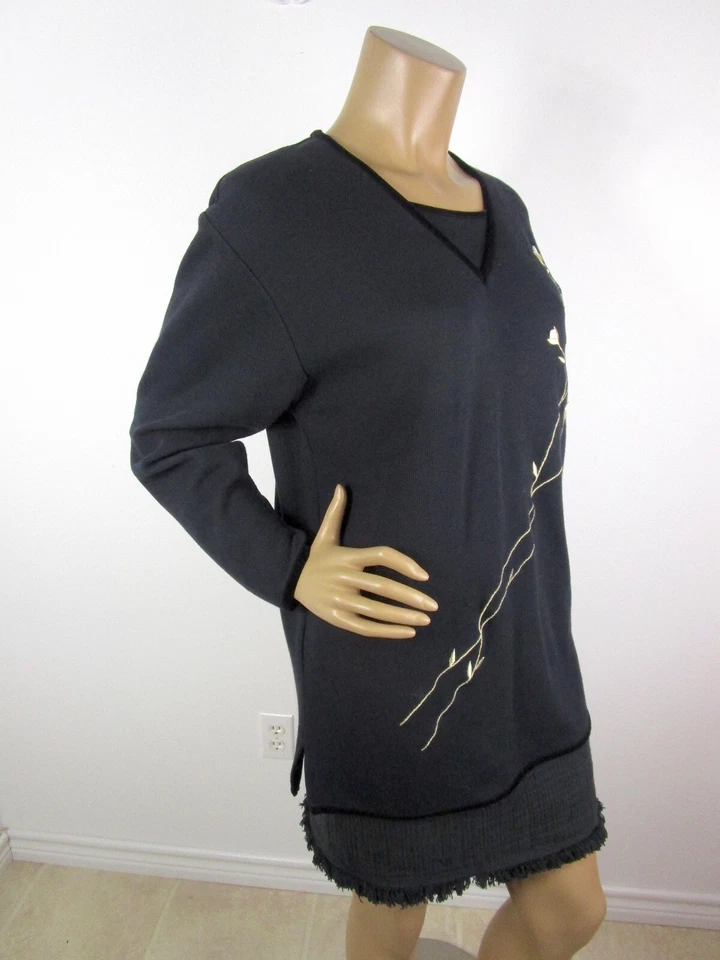 Teddi Black Long Sleeve Top Size S Embroidered Floral Gold White Velvet Trim - Image 3 of 4