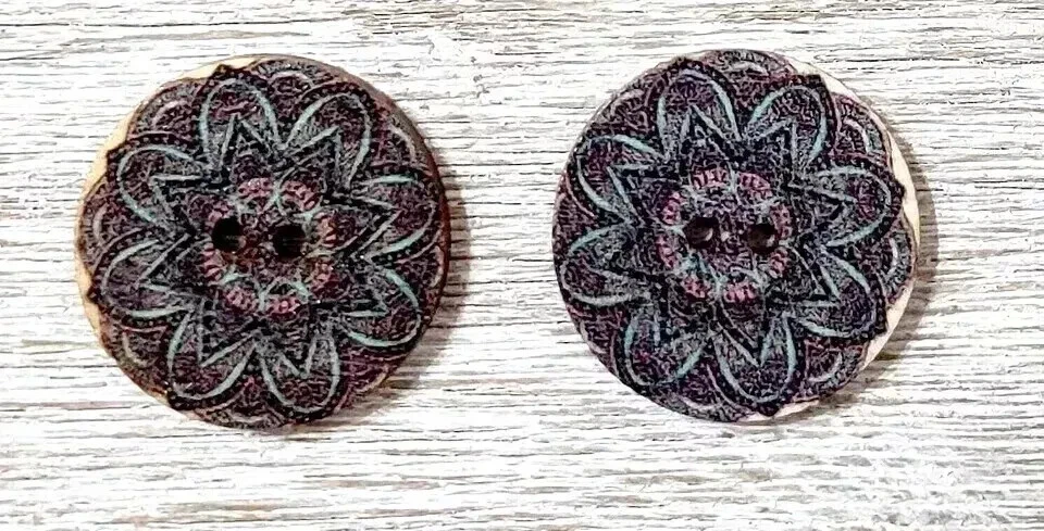 flowers boho wood buttons sewing 2 holes 1 inch (set #1045) 2pc - Image 2 of 2